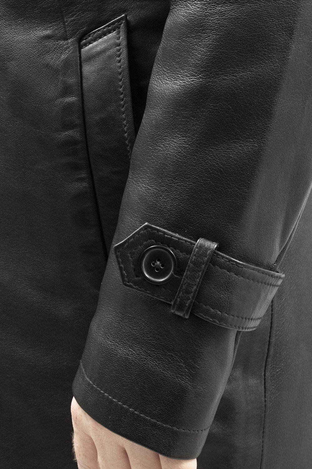 Whet Blu NYC Parker men's leather overcoat, close-up view of sleeve and arm detailing