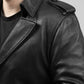 Whet Blu NYC Parker men's leather overcoat, left-side close view of fashion leather jacket