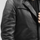Whet Blu NYC Parker men's leather overcoat, shoulder-view fashion jacket in black leather