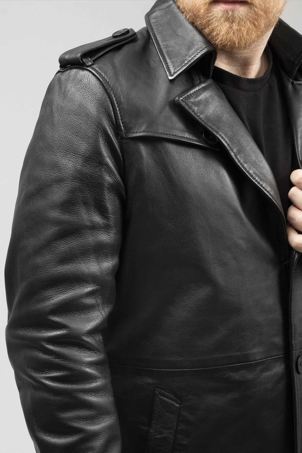 Whet Blu NYC Parker men's leather overcoat, shoulder-view fashion jacket in black leather