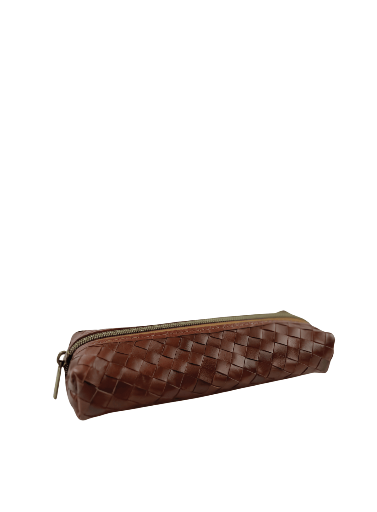 Brown woven Deux Mains pencil case, front view