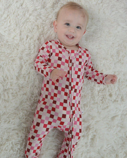 Pink Checkered Bamboo Baby Pajamas – Zipper Footie