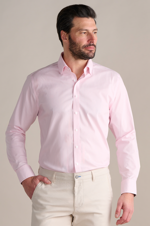 Pink Twillory Leader Non-Iron Stripe shirt with thick white and pink vertical stripes, showcasing a tailored fit and classic collar.