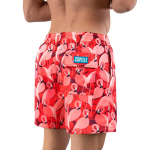 Pink Flamingo Hybrid Swim Trunk by Capelle Miami with vibrant flamingo print, compression-lined for swim and resort wear.