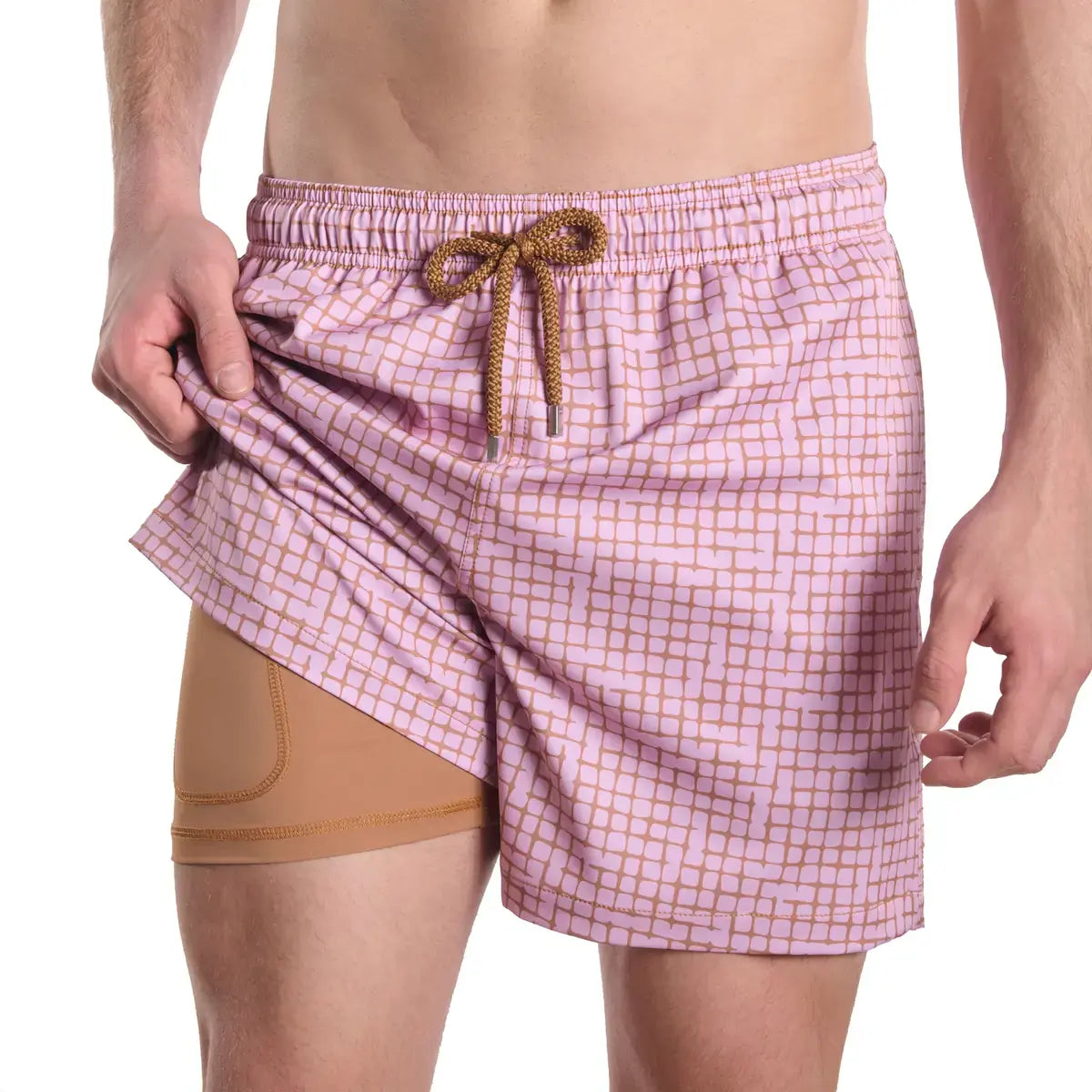 Capelle Miami Pixel Break Rosetide hybrid swim trunks with colorful print, compression lining, ideal for resort and pool use.