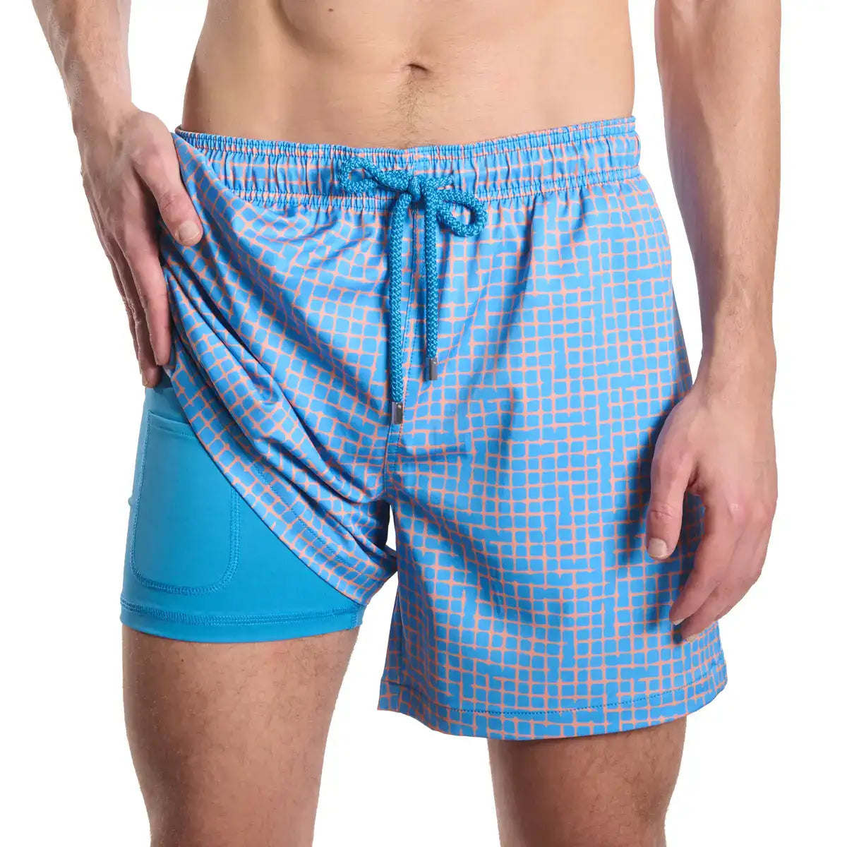 Capelle Miami Pixel Break Sunsplash hybrid swim trunks with vibrant print, compression lining, ideal for swimming and resort wear.