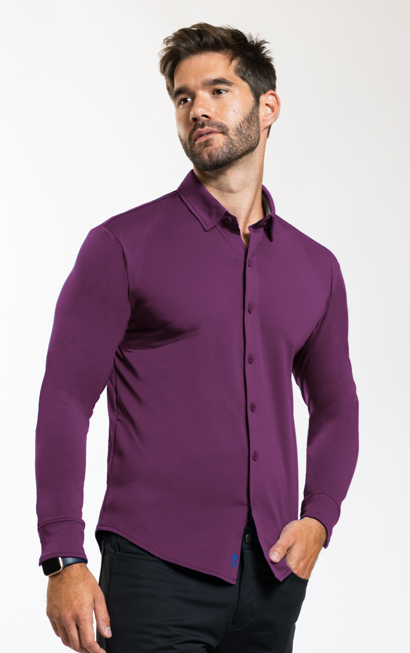 Twillory long sleeve button-down polo shirt in plum color, solid design with a classic collar and button front.