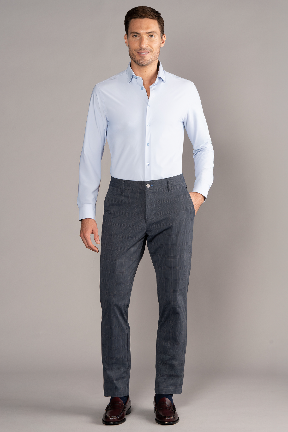 Powder blue Twillory event shirt with a solid color, featuring a classic collar and button-up design.