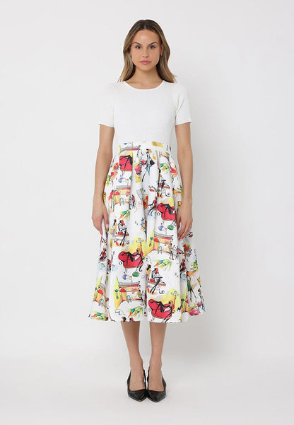 Gracia Fashion Women's Printed Skirt w/ Ribbed Short Sleeve Top Midi Dres