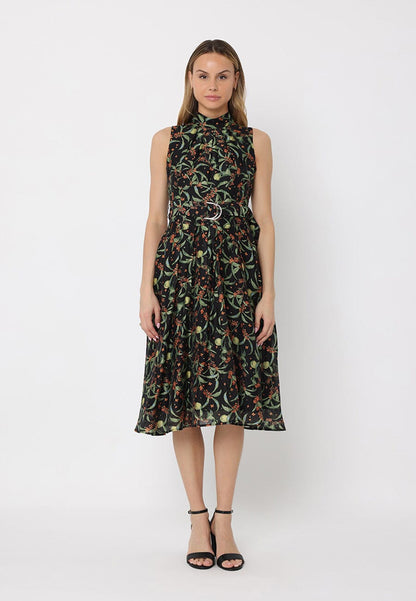 Gracia Fashion Women's Printed sleeveless waist band dress