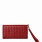 Red woven Deux Mains wristlet wallet front view with textured craftsmanship and wrist strap