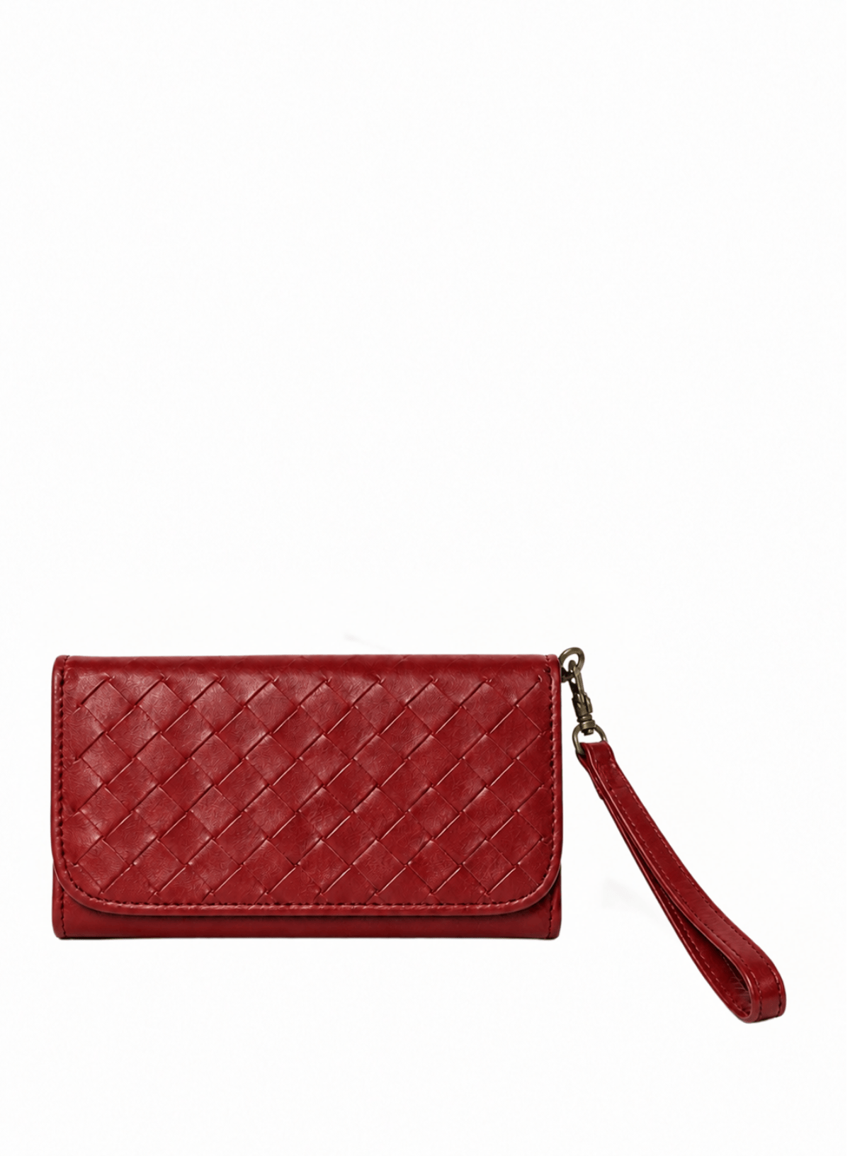 Red woven Deux Mains wristlet wallet front view with textured craftsmanship and wrist strap