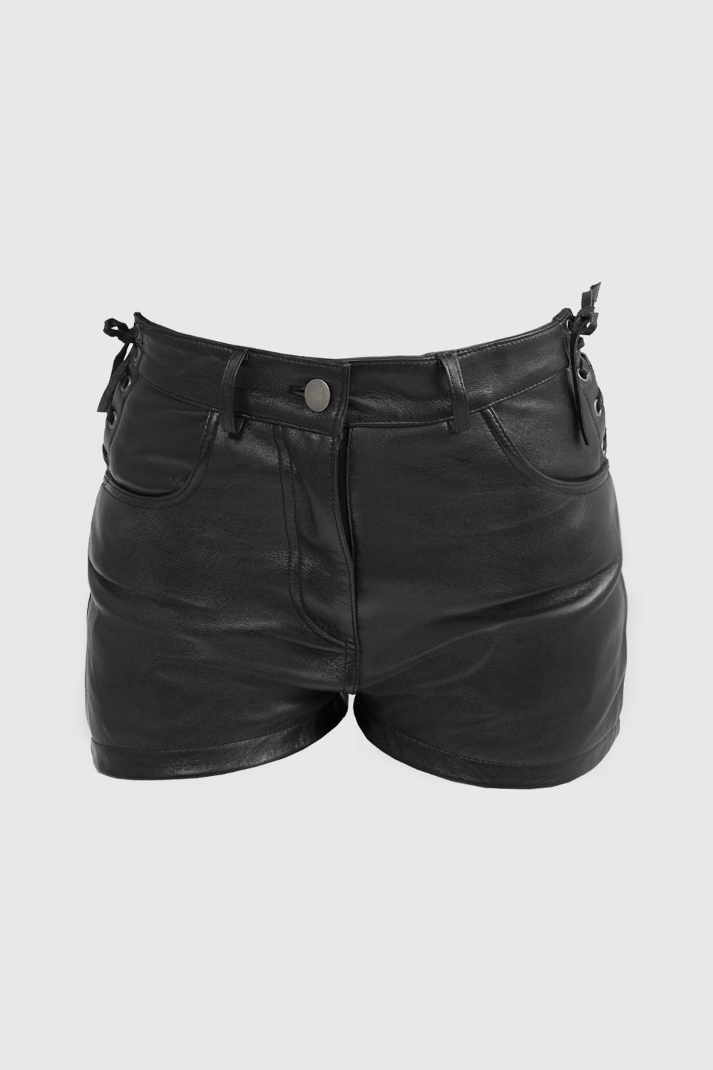 Whet Blu NYC Rosa leather shorts, front view in pink leather with tailored fit and smooth finish