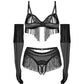 Obsessive Midnight Tease Rossay Black Open Cup Bra Crotchless Panties 4-pcs Set
