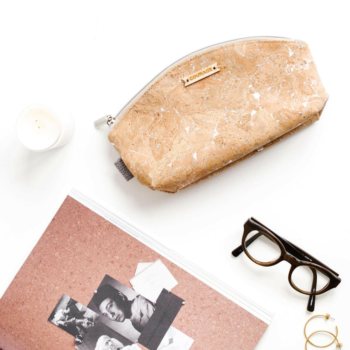 Carry Courage RULE BREAKER silver zippered pouch with bold lettering and metallic finish