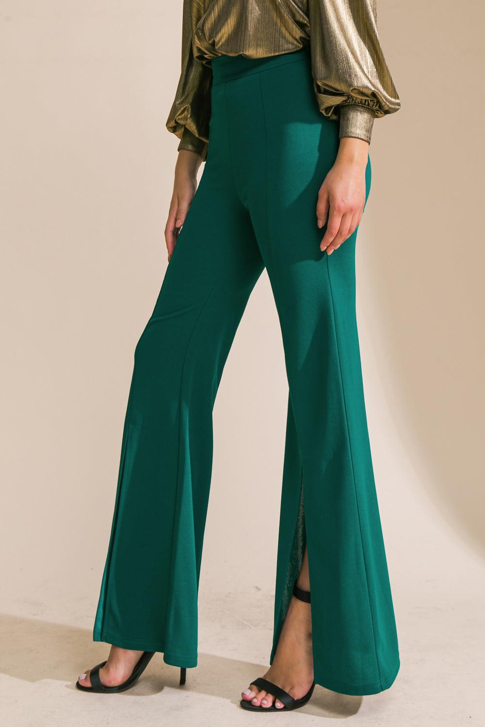Flying Tomato Hey Darling woven flare pants in green, featuring a high waist and flared leg design.