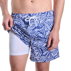Capelle Miami hybrid salt spray swim trunks with vibrant print, featuring compression lining for resort and beachwear.