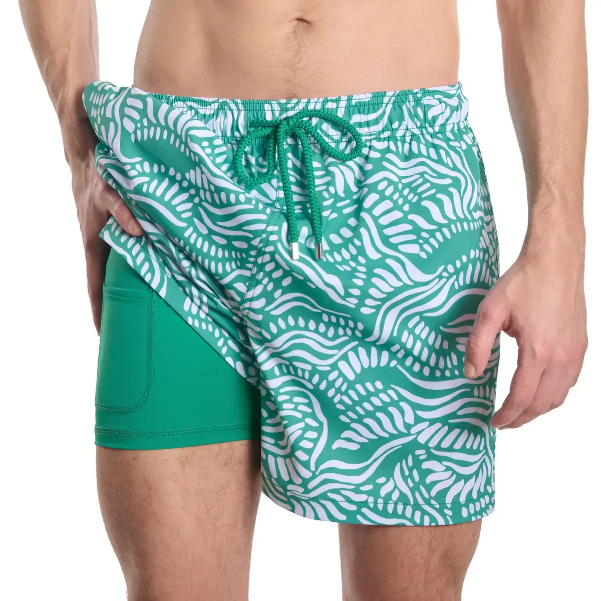 Capelle Miami salt spray hybrid shorts with palm and surf print, compression-lined swim trunks for resort and beachwear.