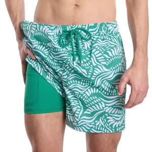 Capelle Miami salt spray hybrid shorts with palm and surf print, compression-lined swim trunks for resort and beachwear.