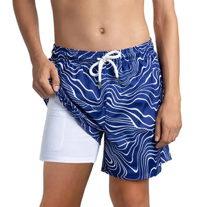 Boys' Capelle Miami hybrid swim trunks featuring a sand wave, harbor, and surf design, ideal for beach play and swimming.