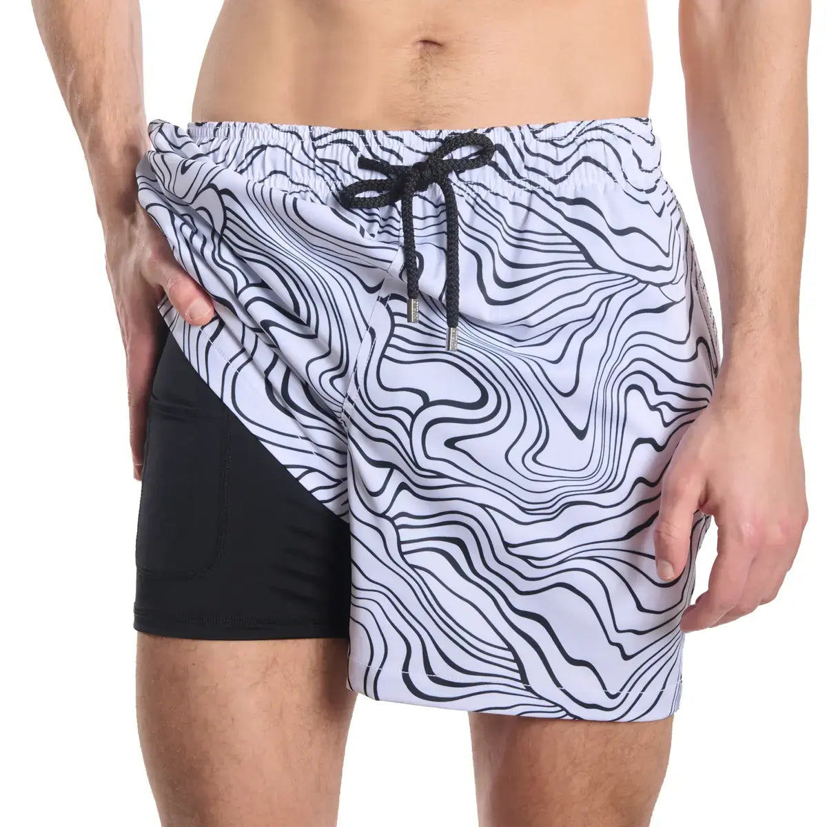 Capelle Miami hybrid swim trunks with sand wave and storm print, featuring compression lining for surfing and resort wear.