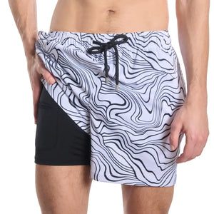 Capelle Miami hybrid swim trunks with sand wave and storm print, featuring compression lining for surfing and resort wear.