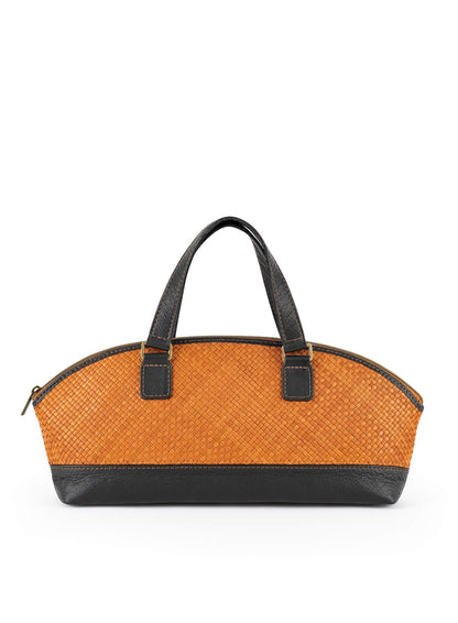 Deux Mains East-West handbag in cognac and black leather, front view of satchel bowler bag