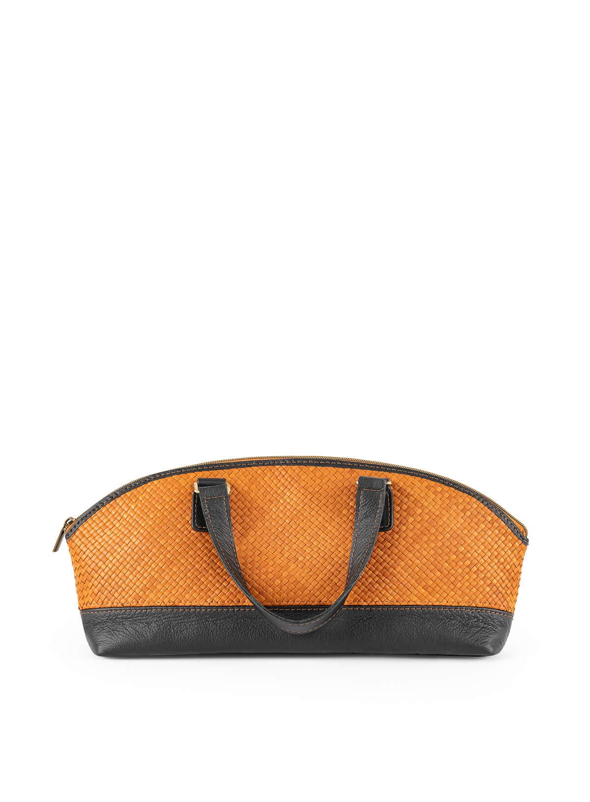 Deux Mains East-West cognac leather satchel bowler handbag, front view