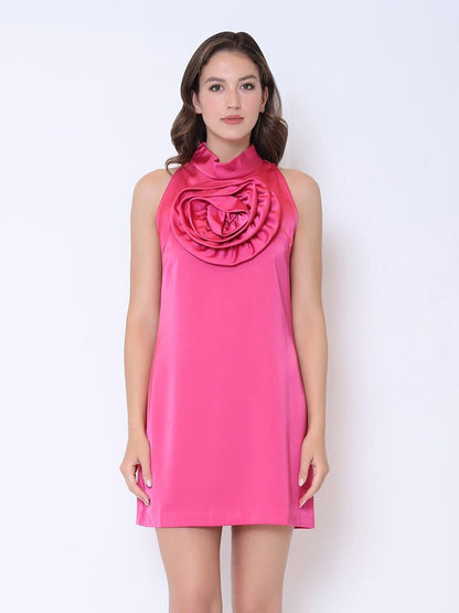 Gracia Fashion Women's Satin Flower Applique Halter Mini Dress