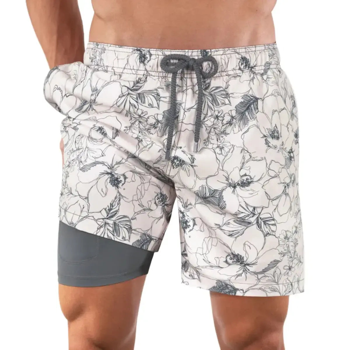 Capelle Miami Secret Garden hybrid swim trunks with vibrant floral print, featuring compression lining for comfort and support.