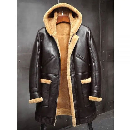 Men's RAF Hooded Shearling Fur Sheepskin Leather Long Jacket Winter Coats