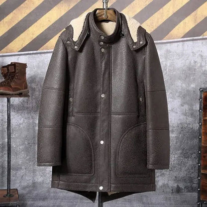 Men’s Hooded Shearling Leather Long Trench Coat