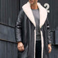 Men’s Winter Shearling Fur Black Leather Long Trench Coat