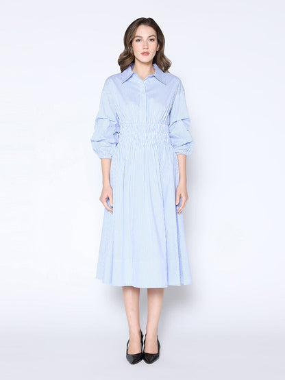 Gracia Fashion Women's Shirred Waist Puff Sleeve Stripe Cotton Dress