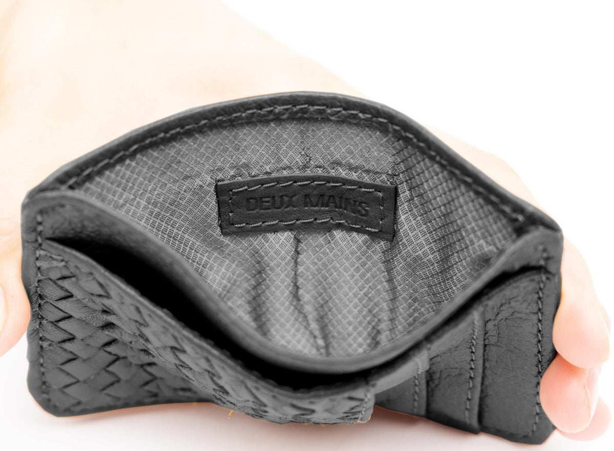 Deux Mains Slim ID Case in black, interior view with ID window and card slots