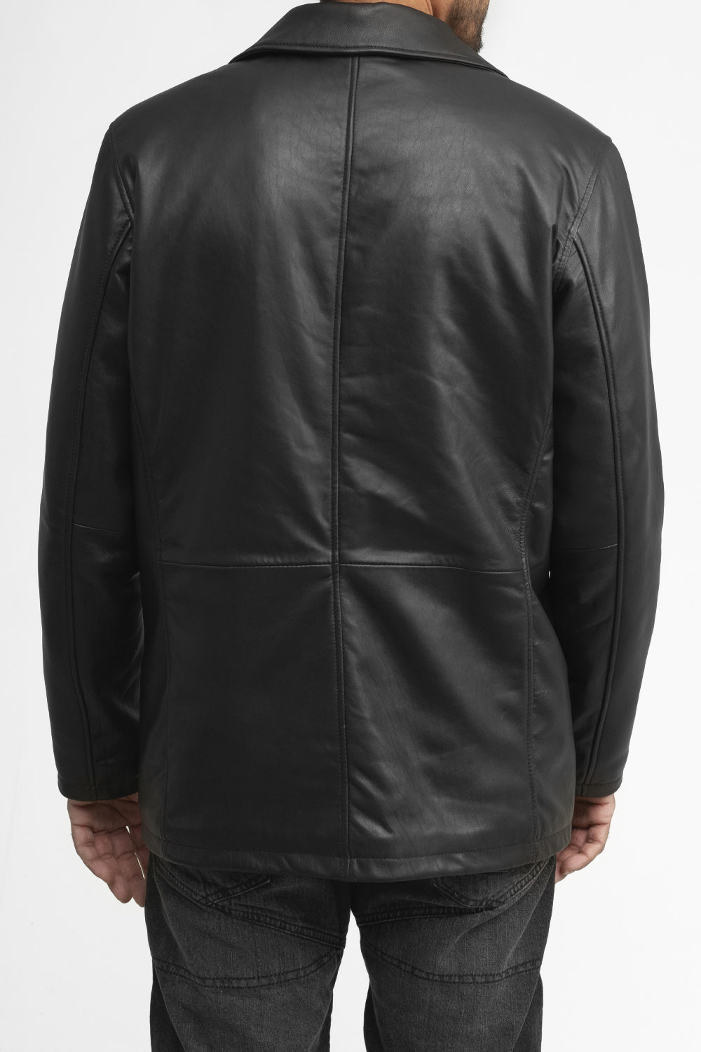 Whet Blu NYC Strata men's leather car coat, back-side view with classic tailored design