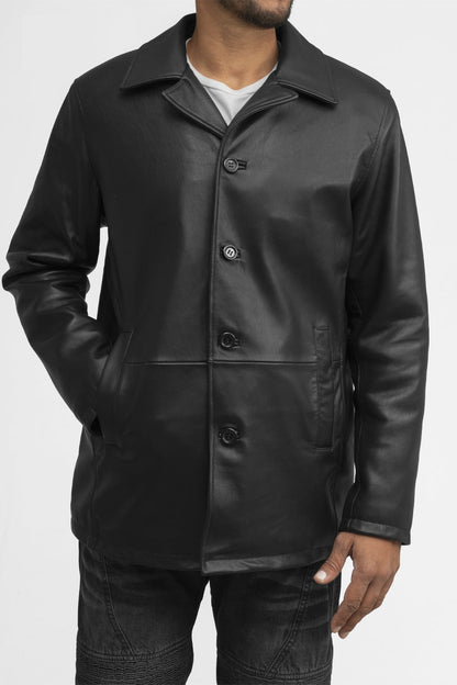 Whet Blu NYC Strata men's leather car coat, front view, with sleek collared design and button closure
