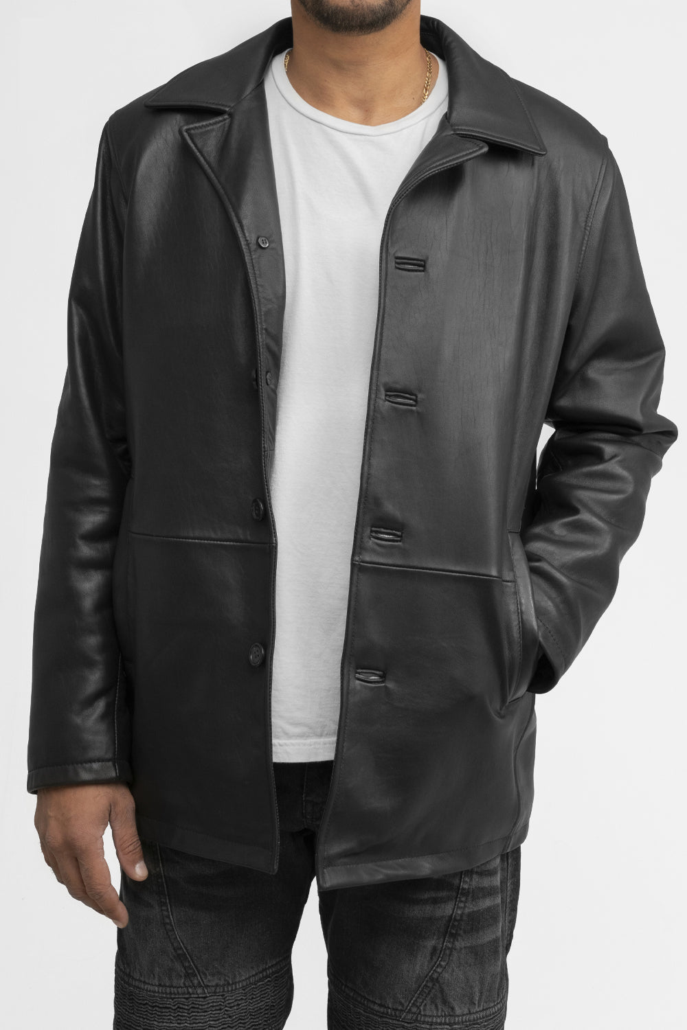 Whet Blu NYC Strata men's leather car coat, front view with open zipper