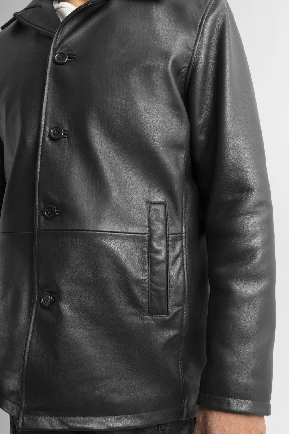 Whet Blu NYC Strata men's leather car coat, button-front jacket shown from leaf view