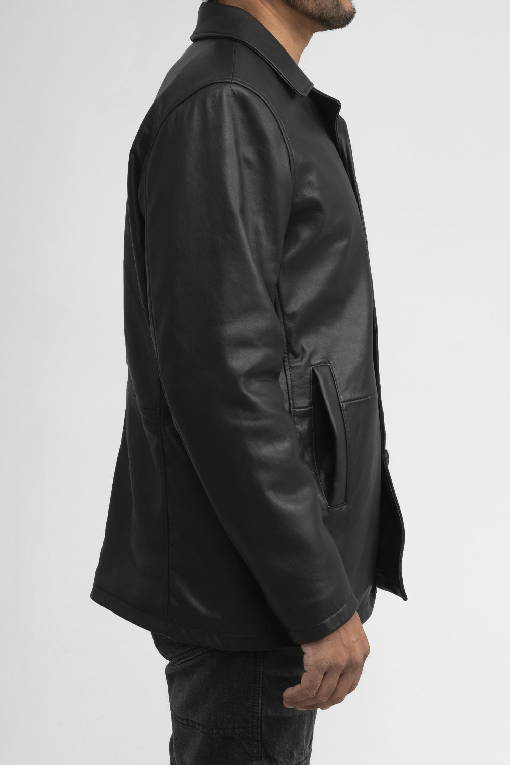 Whet Blu NYC Strata men's leather car coat, side view with classic tailored silhouette