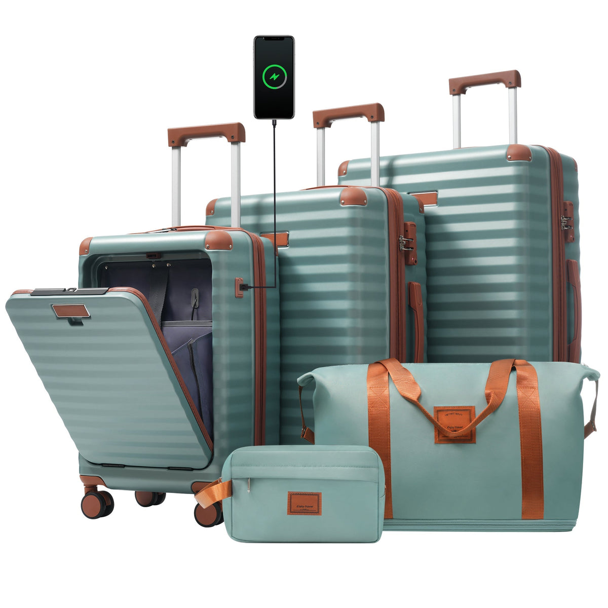 HouseOfZazla deluxe 5-piece hard-side luggage set in blue and green with USB port and TSA locks