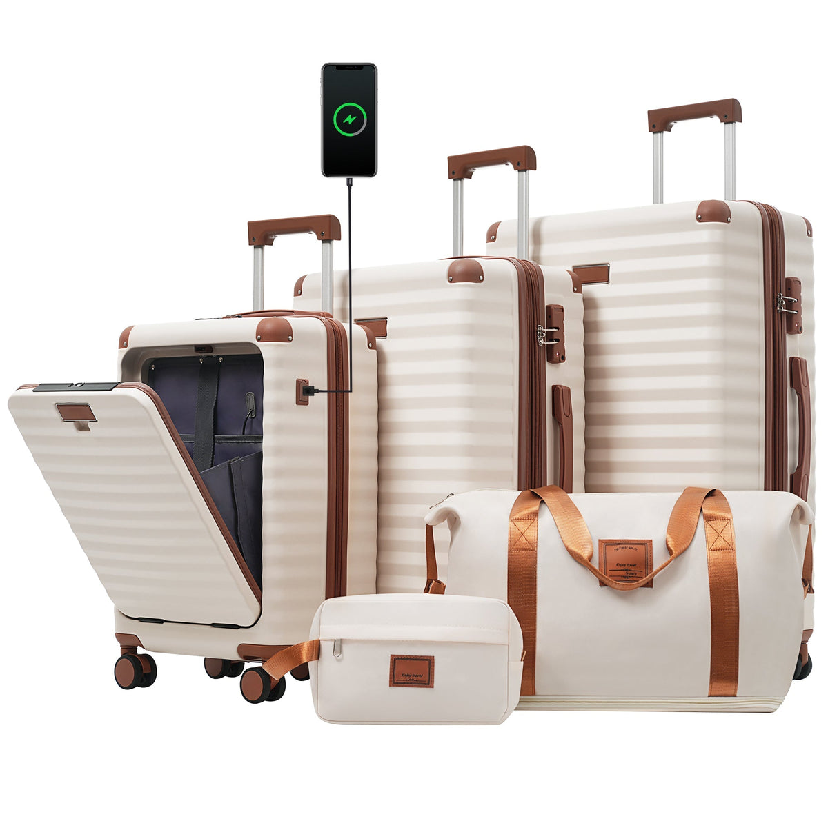 HouseOfZazla deluxe 5-piece hard-side luggage set in brown and white with USB port and TSA locks