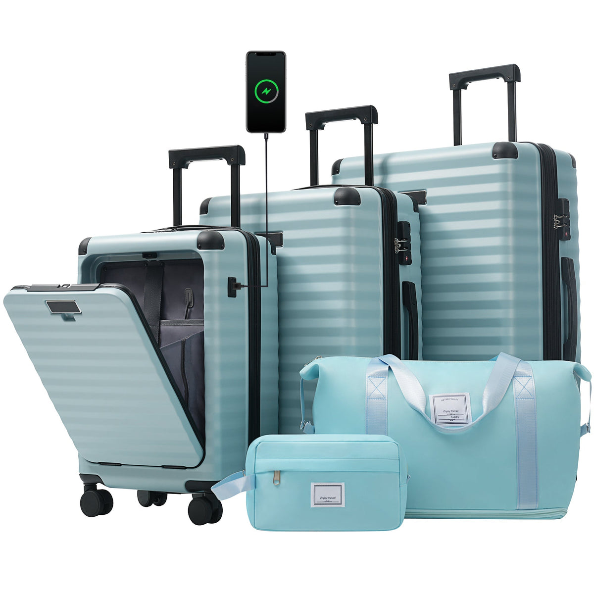 HouseOfZazla deluxe 5-piece light blue hard-side luggage set with USB port and TSA locks