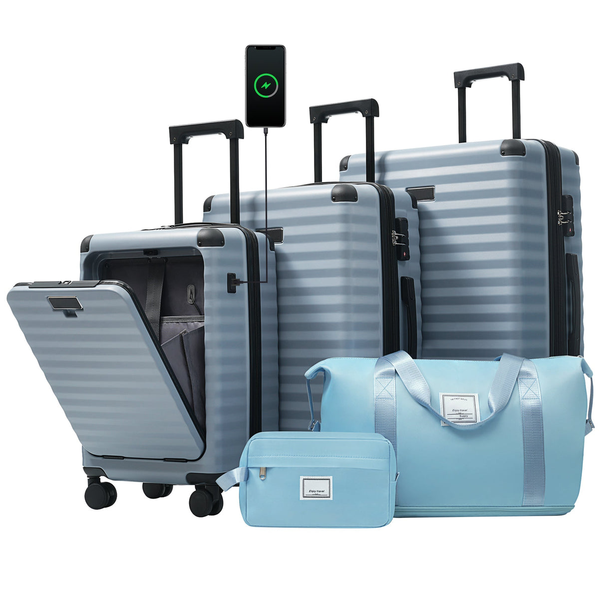 HouseOfZazla deluxe 5-piece sky blue hard-side luggage set with USB port and TSA locks