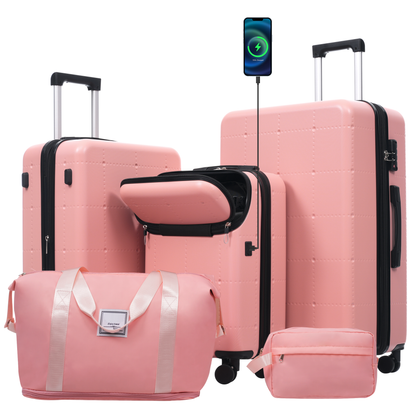 HouseOfZazla 5-piece hardside luggage set with USB carry-on, expandable suitcases, spinner wheels, and TSA locks