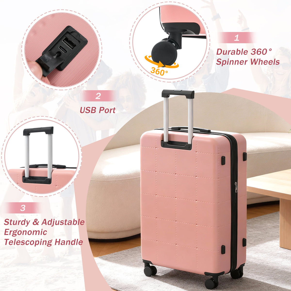 HouseOfZazla 5-piece hardside luggage set with expandable spinner suitcases, carry-on, bags, USB port and TSA lock