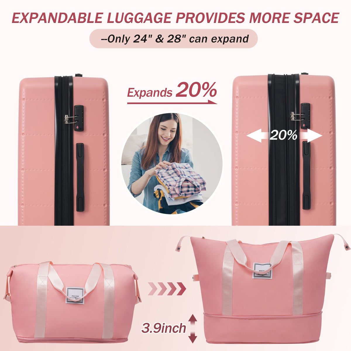 HouseOfZazla 5-piece hardside luggage set with carry-on, expandable suitcases, bags, spinner wheels, and USB port