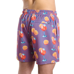 Capelle Miami Sunset Spritz hybrid swim trunks with vibrant sunset and ocean prints, featuring compression lining for swim and resort use.