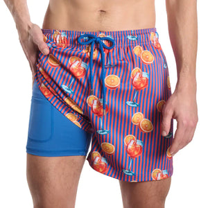 Capelle Miami Sunset Spritz hybrid swim trunks with ocean and heat print, featuring compression lining for swim and resort wear.
