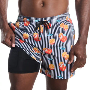 Capelle Miami Sunset Spritz Surf and Storm hybrid swim trunks with vibrant print, compression-lined, ideal for resort and beach wear.